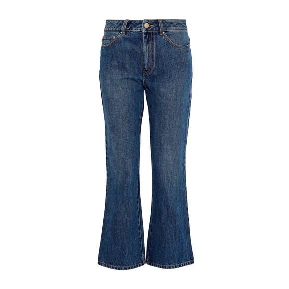 CO Cropped Mid-Rise Kick Flare Capri Jeans in Indigo Blue